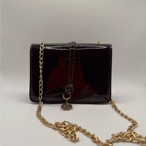Patent Leather Crossbody Bag in Deep Burgundy with Gold Chain